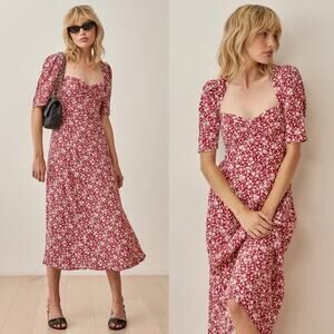 Reformation Red Floral Matin Midi Dress in Flower Girl